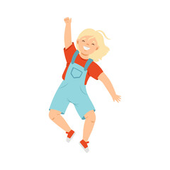 Jumping Blond Girl in Jumpsuit Feeling Happiness and Excitement Having Fun Vector Illustration