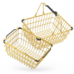 Set of metal wire basket from supermarket for online shopping on white.