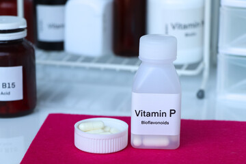 vitamin P pills in a bottle, food supplement for health