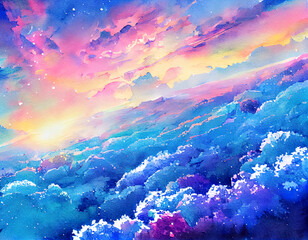 Fototapeta na wymiar abstract blue sky and clouds, watercolors, anime, background, digital