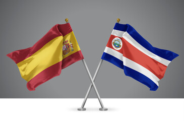 3D illustration of Two Crossed Flags of Costa Rica and Spain