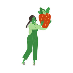 Young Smiling Woman Holding Ripe Red Strawberry as Ketogenic Diet Food Vector Illustration