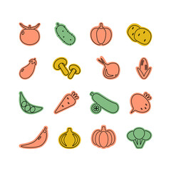 Vegetables icon set in flat design. Tomato, cucumber, pepper, carrot, pumpkin, onion and etc. Color vector illustration