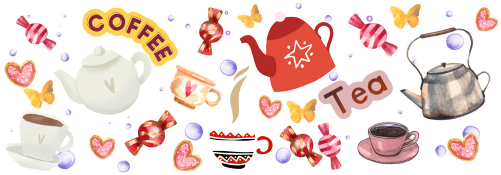 Coffee, tea design elements with butterflies, hearts, cups, candy. Holiday, easter, birthday template.