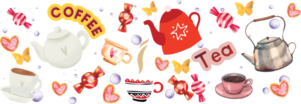 Coffee, tea pattern. Cups, mugs, candy, hearts, butterflies. Watercolour illustration.