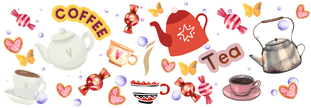 Coffee, tea , cups, mugs, candy and hearts. Watercolour illustration.