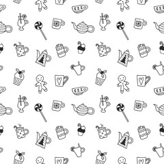 Xmas food and drink seamless pattern. Cozy winter and merry christmas holiday background. Handdrawn doodle vector illustration in black and white.