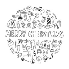 Xmas symbols and elements in circle. Cozy winter and merry christmas holiday lettering. Hand drawn doodle vector illustration set in black and white.