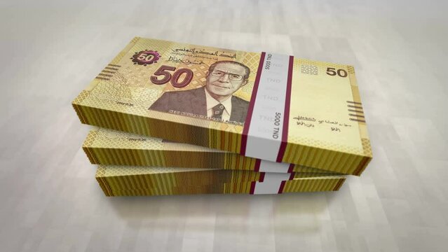 Tunisia money Tunisian Dinar money pile pack. Concept background of economy, banking, business, crisis, recession, debt and finance. 50 TND banknotes stacks 3d animation.