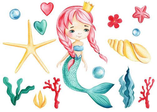 Cute Mermaid, seashells, crown, bubbles and coral on an isolated white background. Watercolor drawing