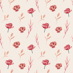 Fototapeta na wymiar Floral set seamless pattern, peony, rose, red and pink colors, drawn in watercolor, for your design, on a white background