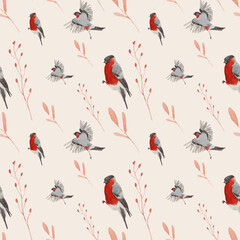 Seamless pattern from a floral set with birds, red and pink colors, drawn in watercolor, for your design, on a white background