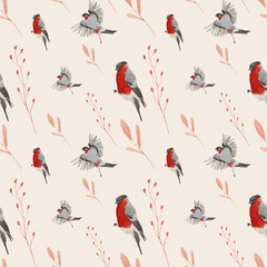 Seamless pattern from a floral set with birds, red and pink colors, drawn in watercolor, for your design, on a white background