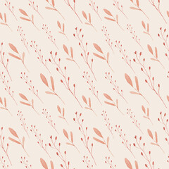 Floral set seamless pattern, red and pink colors, drawn in watercolor, for your design, on a white background