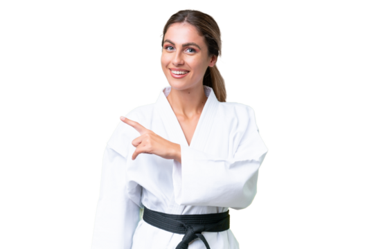 Young Uruguayan woman doing karate over isolated background pointing to the side to present a product