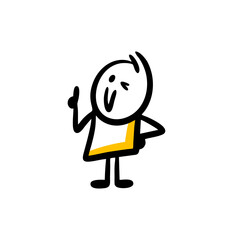 The sly playful character winks at us with his eye and points up with his finger.