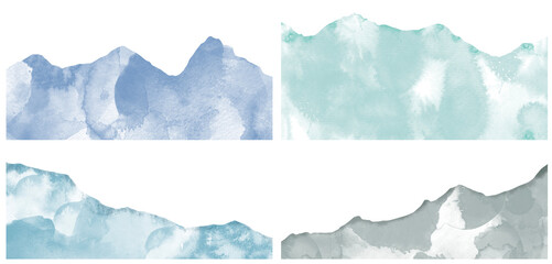 Set of PNG watercolor mountain silhouettes. Watercolor mountain landscapes.