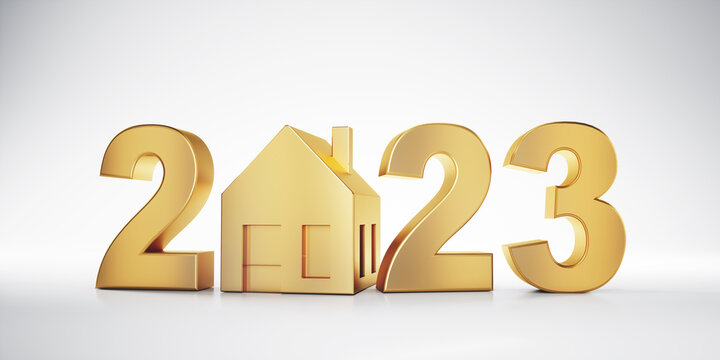 Golden symbol house and numbers 2023 - 3D illustration