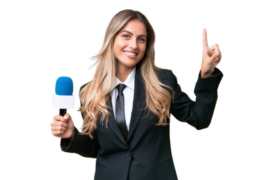 Young pretty Uruguayan tv presenter over isolated background pointing up a great idea
