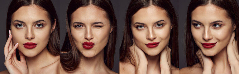 Collage. Portraits of young beautiful girl with straight brunette hair and red lips posing isolated over dark grey background. Concept of beauty, fashion and cosmetology