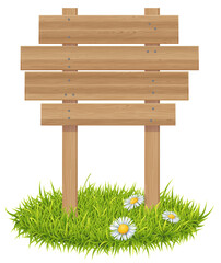 Fototapeta premium Color Illustration Of Wooden Board Standing On Green Loan
