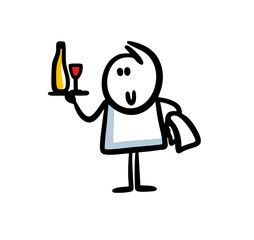 A young waiter with a tray in his hands, a bottle of wine and a glass.