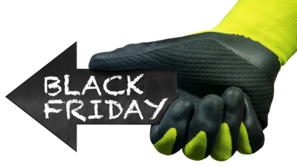 Hand with protective work glove holding a small blackboard with the text Black Friday written in chalk, directional sign arrow shaped, isolated on white or transparent background, png.