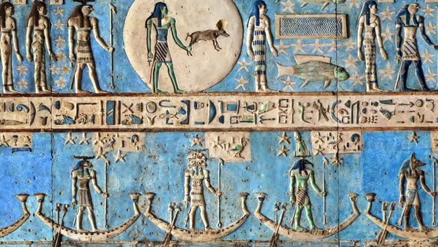 Hieroglyphic carvings and paintings on the interior walls of an ancient egyptian temple in Dendera, panorama