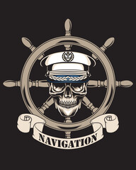 skull captain with ship wheel and banner vector illustration
