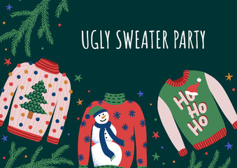 Banner with sweaters for ugly Christmas party. Warm knitted jumpers with different cute prints and ornaments. Vector design for flyers, posters, greeting cards. - obrazy, fototapety, plakaty
