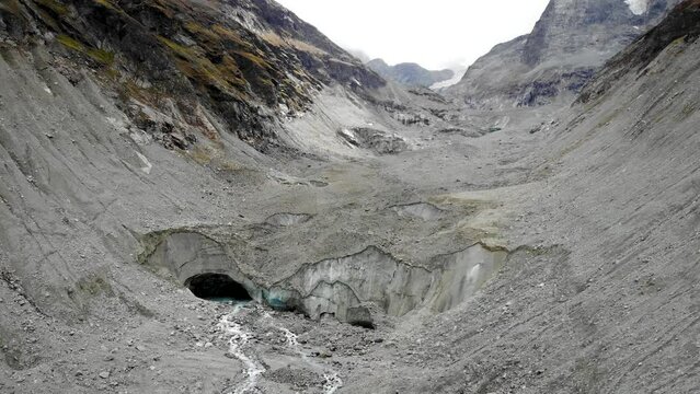 Aerial flyover over crevasses of the Zinal glacier in Valais, Switzerland
