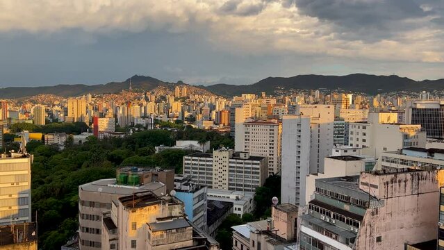 Belo Horizonte cityscape during sunset, pan shot