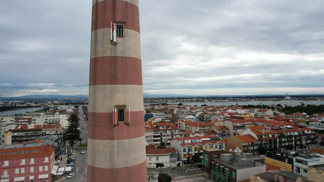 Aerial shot of Praia da Barra Lighthouse overlooking village. Aveiro, Portugal
