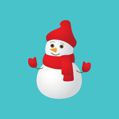Smiling Christmas snowman in a red hat and a scarf waving his hand in a mitten. t-shirt graphics, print, poster, banner, flyer, postcard. Graphics of the game design user.
