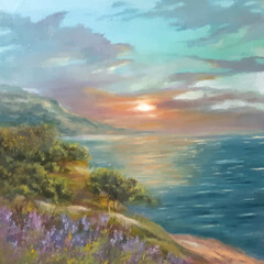 Fototapeta na wymiar Landscape oil painting. Seascape on a canvas. For fabric, wallpaper design or print.
