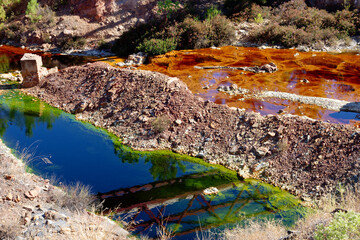 View of Mining activity. Polluted river and water. Apocalypse scenery. Earth and destruction of nature. Extracting natural resources from the Earth. Ecological disaster.