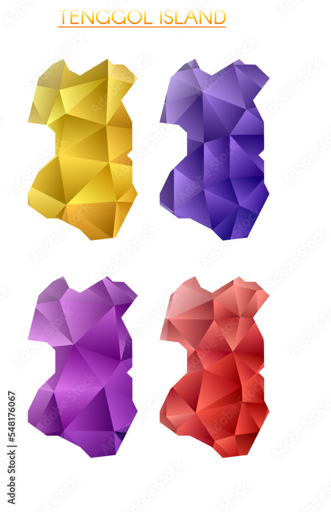 Poster set of vector polygonal maps of tenggol island. bright gradient map of island in low poly style. mul
