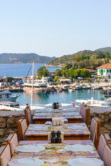 View of the panorama of the Turkish city of Kas from above. Tourist attractions of Turkey and Mediterranean Sea. Travel, vacation, tourism concept.