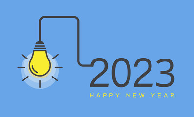 Happy new year 2023 with a light bulb on blue background. Idea and creative, inspiration concepts. Vector illustration.