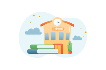 School Education gradient icons concept scene in the flat cartoon design. School and books that are needed for learning. Vector illustration.