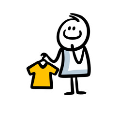 A contented young woman holds a hanger with a new yellow dress and smiles in anticipation.