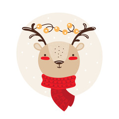 Smiling face funny deer. Cute reindeer in a winter scarf and Christmas garland. Cartoon animal character isolated on white background. Childish colorful vector illustration for Christmas and New year.
