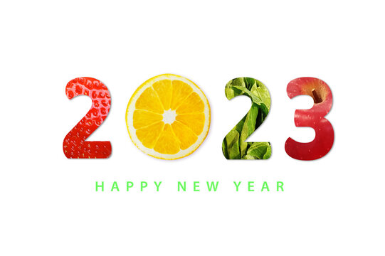 2023 Happy New Year for healthcare on white background. Fruit and vegetables which make 2023 number. strawberry, orange, apple.