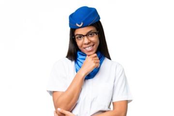 Airplane stewardess African american woman over isolated background with glasses and smiling