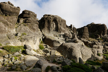 View over Our Lady of the Good Star or Nossa Senhora da Boa Estrela, a small sanctuary carved into the mountain near the tallest point in continental Portugal in Serra da Estrela.