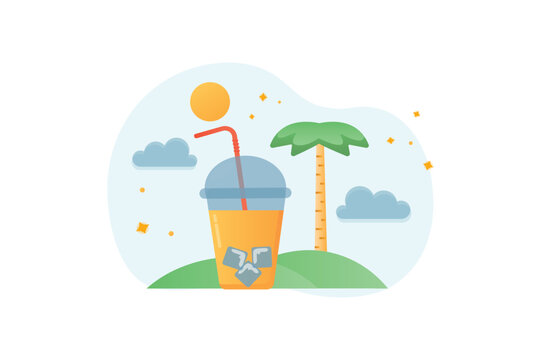 Vacation gradient icons concept scene in the flat cartoon style. Palm trees, the seashore and a refreshing cocktail. Vector illustration.