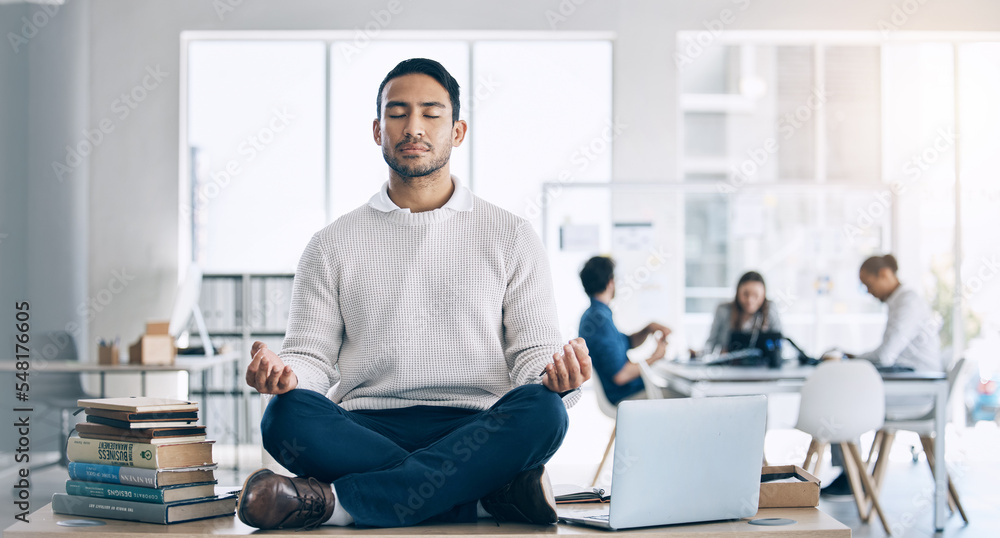 Sticker Businessman, meditation and yoga on desk at startup, office or workplace for digital marketing. Happy worker man, relax and sitting on table for zen mindfulness in workplace at social media company