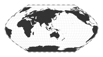 Vector world map. Eckert V projection. Plan world geographical map with latitude/longitude lines. Centered to 120deg W longitude. Vector illustration.