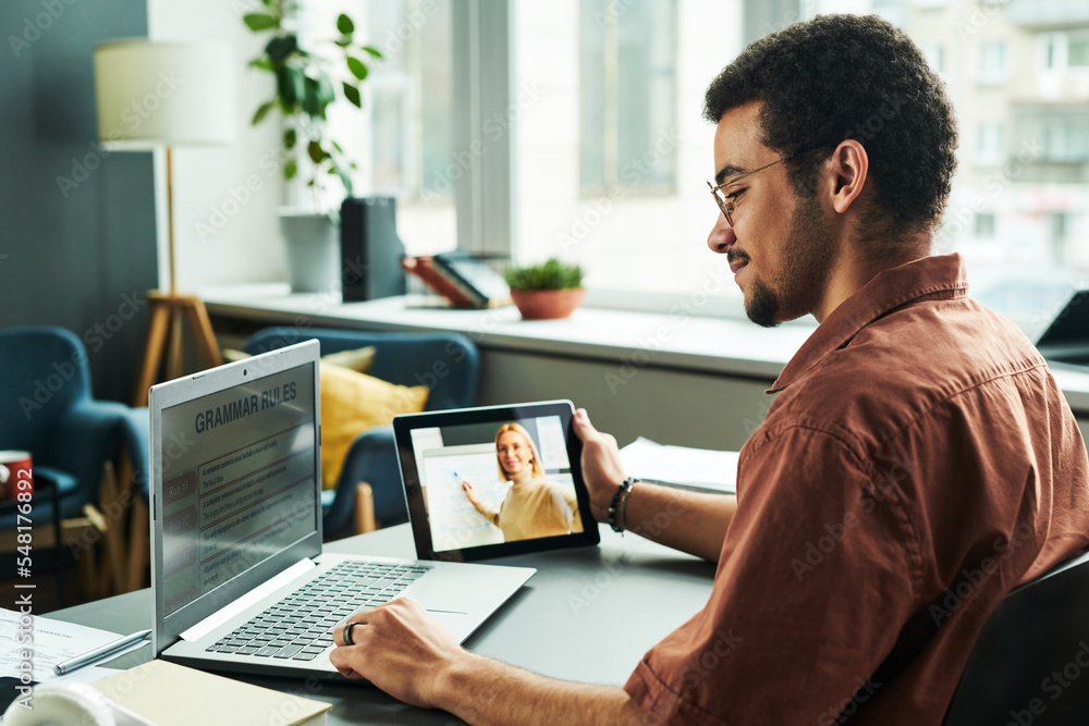 Poster side view of young student reading grammar rules on laptop screen while listening to explanation of 