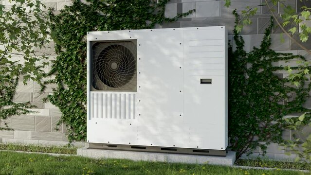 A heat pump against a wall covered with ivy. The video shows renewable energy sources.